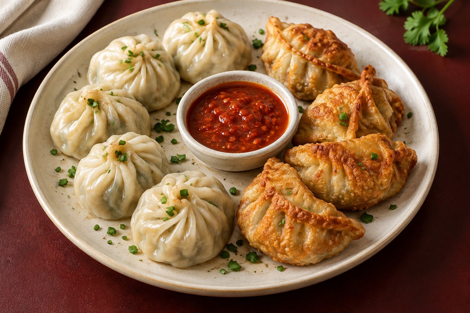 Illustrative serving of steamed and fried soya momos with chilli dip